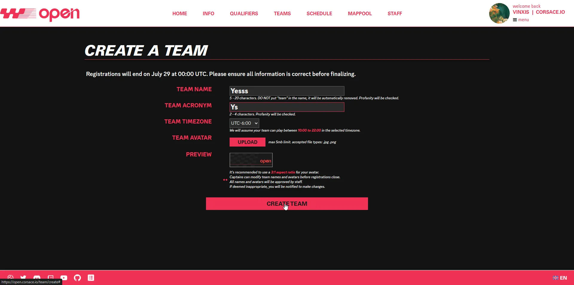 Image of create team page